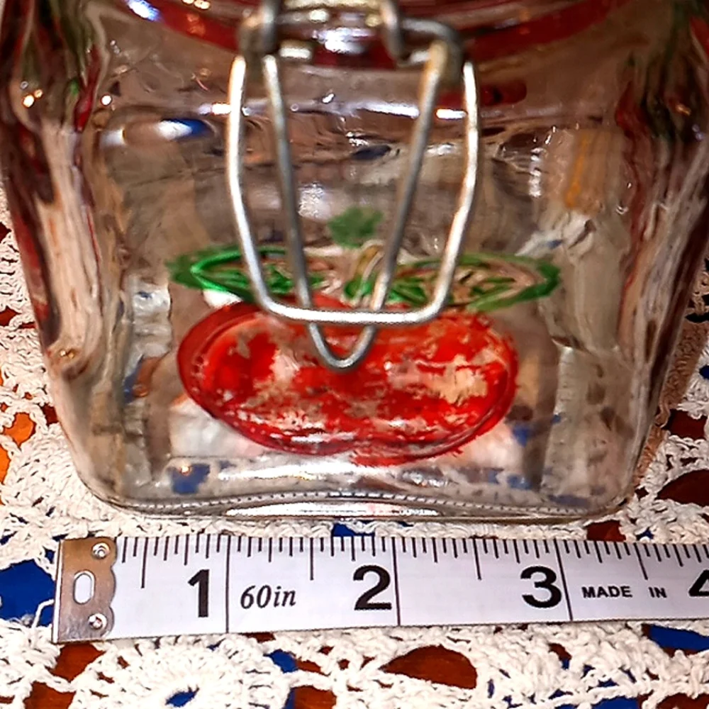 VINTAGE RETRO GLASS 4 SIDED HAND PAINTED DISTRESSED SQUARE APPLE SUGAR JAR